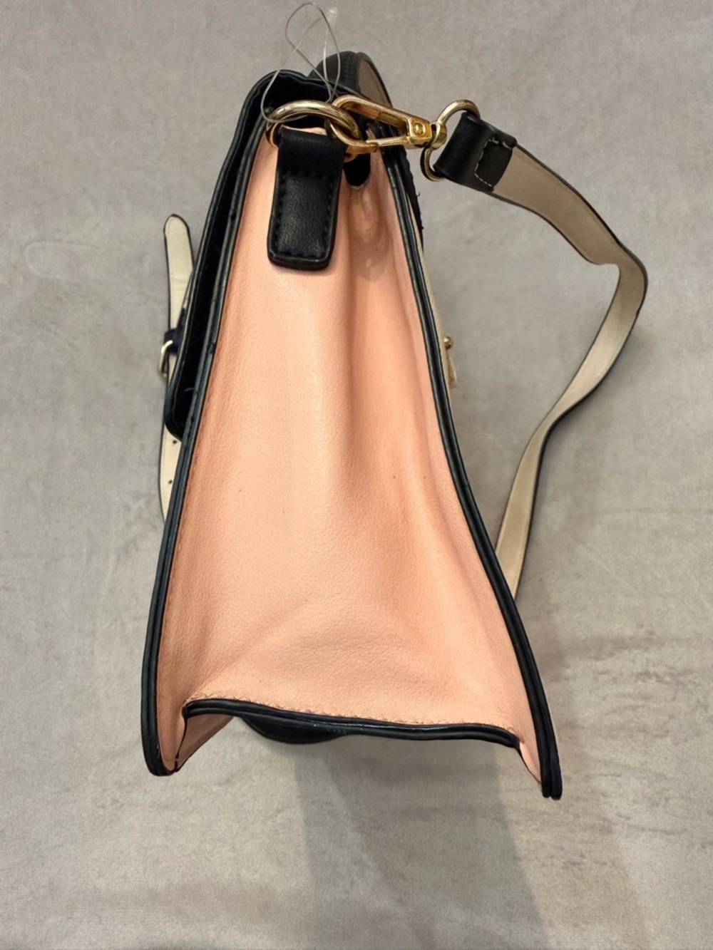 ALDO Black Beige Top Handle Satchel Crossbody Gold Chain Accent Structured Purse - Picture 8 of 11